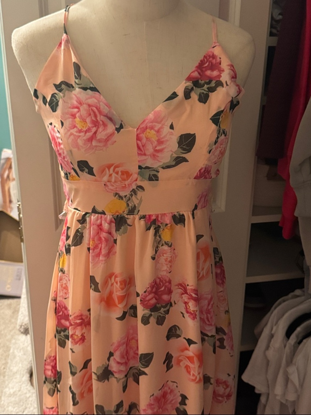 Peach Floral Spaghetti-Strap Maxi Dress